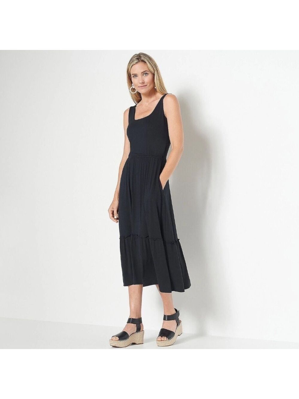 J Jason Wu Black Knit Smocked Waist Midi Dress Size Small Scoop Neck Sleeveless